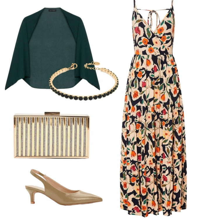 Outfit donna - Romantica eleganza. Stile Romantica per Cerimonia. Abbinamento con décolleté, vestiti lunghi, clutch, braccialetti, blazer.