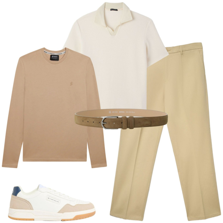 Outfit uomo - Look monocromatico chiaro. Stile Casual per Tutti i giorni. Abbinamento con sneakers, pantaloni chino, polo, cinture, t-shirt.