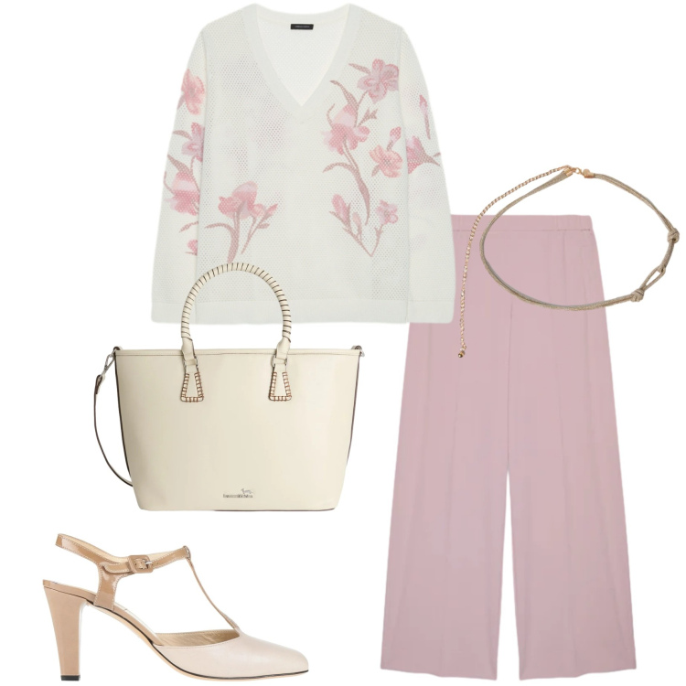 Outfit donna - Stampe che raccontano. Stile Casual chic per Ufficio. Abbinamento con décolleté, shopping bag, pantaloni, maglieria, cinture.