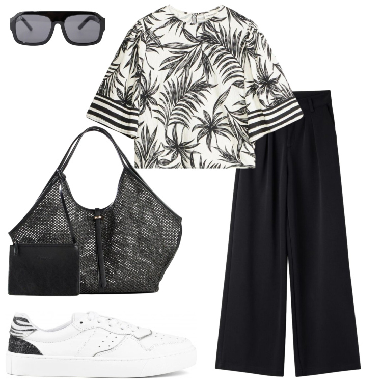 Outfit donna - Stampe che raccontano. Stile Casual chic per Tutti i giorni. Abbinamento con shopping bag, camicie a manica corta, pantaloni, occhiali da sole, sneakers.