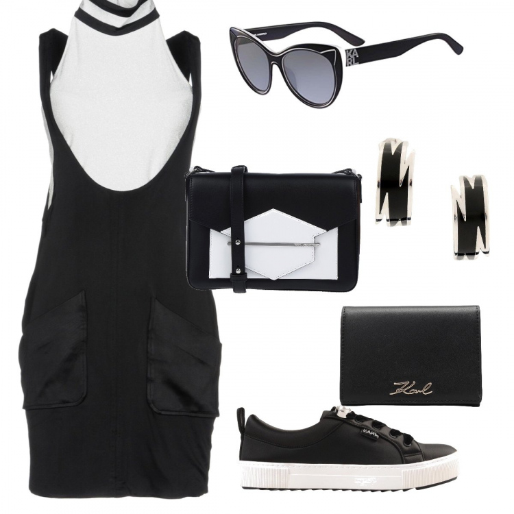 Outfit donna - Karl in bianco e nero. Stile Trendy per Tutti i giorni. Abbinamento con vestito corto a tubino fantasia effetto laminato collo alto senza maniche con zip interno foderato jersey, orecchini, borsa a tracolla mini fantasia con zip interno foderato in pelle sintetica con tasca interna, portafoglio in pelle tinta unita, sneakers tennis, occhiali da sole nero.
