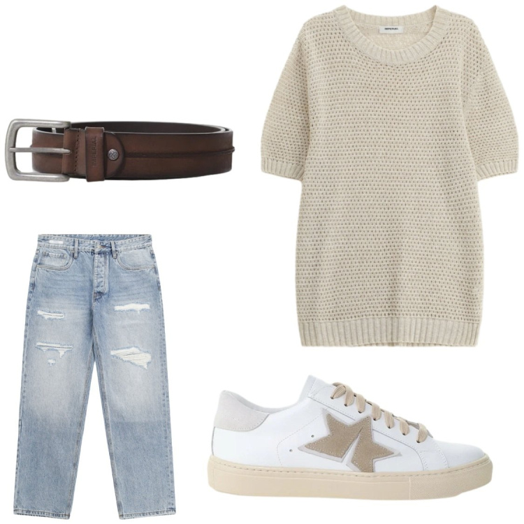 Outfit uomo - Maglia traforata. Stile Trendy per Serata speciale. Abbinamento con maglieria, jeans strappati, cinture, sneakers.