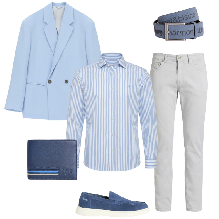 Outfit uomo - Cielo. Stile Business/Elegante per Ufficio. Abbinamento con giacche, cinture, portafogli, pantaloni, camicie, scarpe stringate.