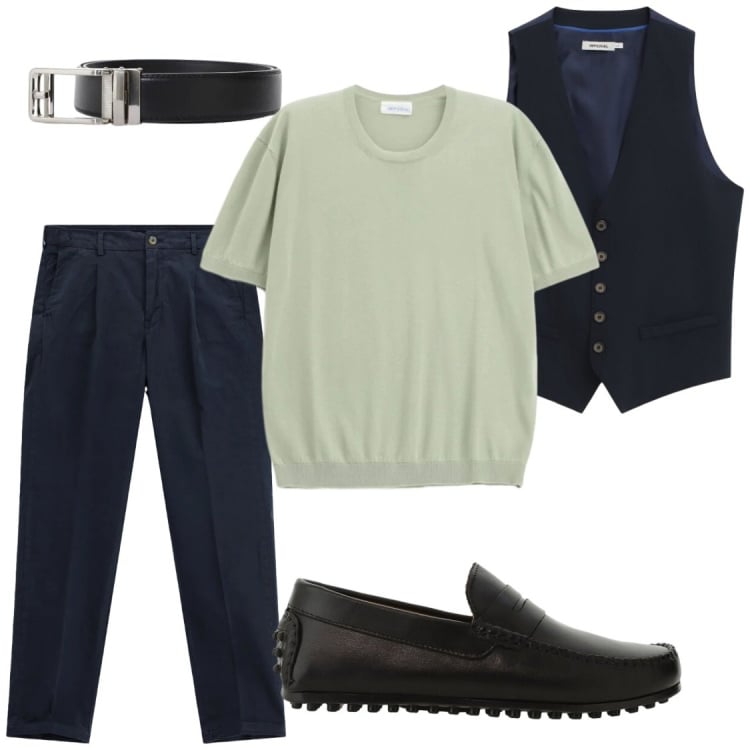 Outfit uomo - Trendy. Stile Trendy per Ufficio. Abbinamento con scarpe stringate, cinture, t-shirt, pantaloni, gilet.