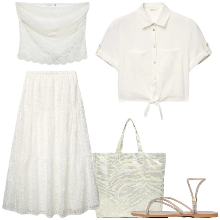 Outfit donna - Terranova White Boho Mood. Stile Romantica per Tutti i giorni. Abbinamento con gonne lunghe, top, camicie a manica corta, sandali, shopping bag.