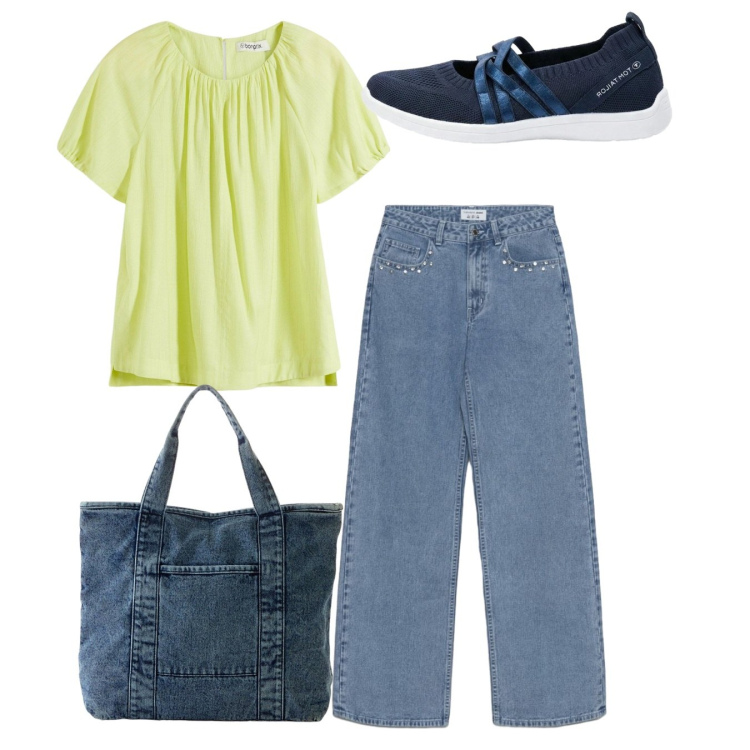 Outfit donna - Total look. Stile Casual per Scuola/Università. Abbinamento con shopping bag, sneakers, bluse, jeans.