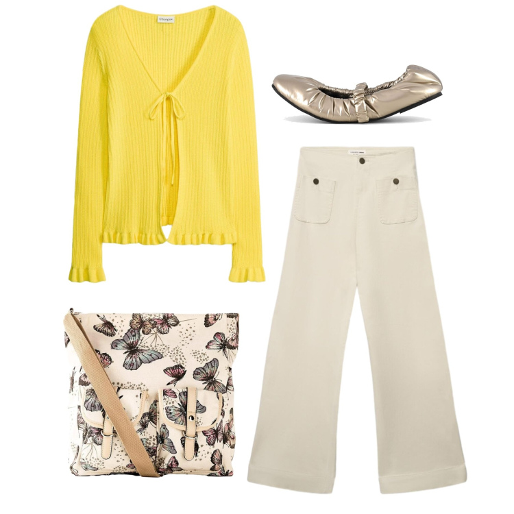 Outfit donna - Total look. Stile Casual per Tutti i giorni. Abbinamento con borse a tracolla, cardigans, jeans, ballerine.