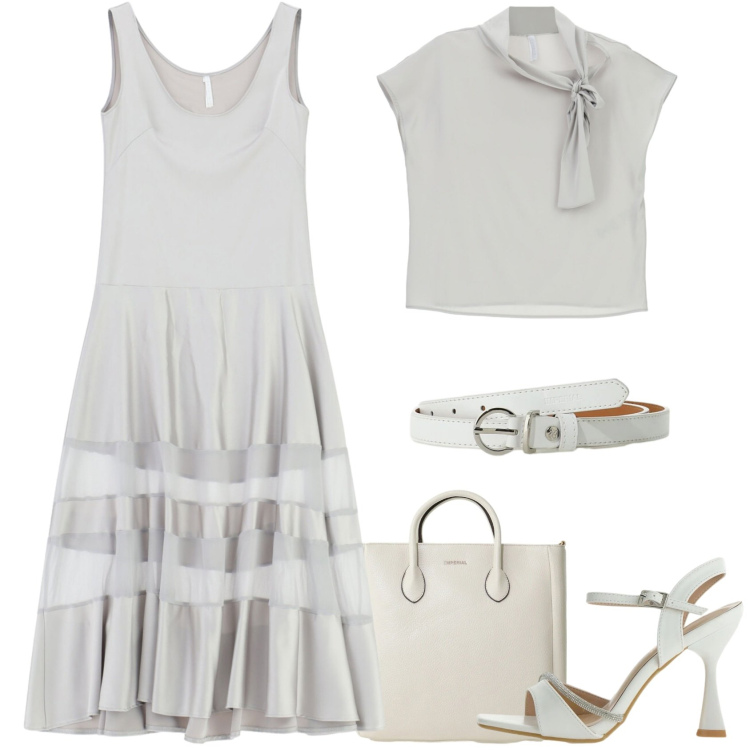 Outfit donna - Primavera in grigio perlato. Stile Casual chic per Tutti i giorni. Abbinamento con vestiti lunghi, borse a tracolla, cinture, canottiere, sandali gioiello.