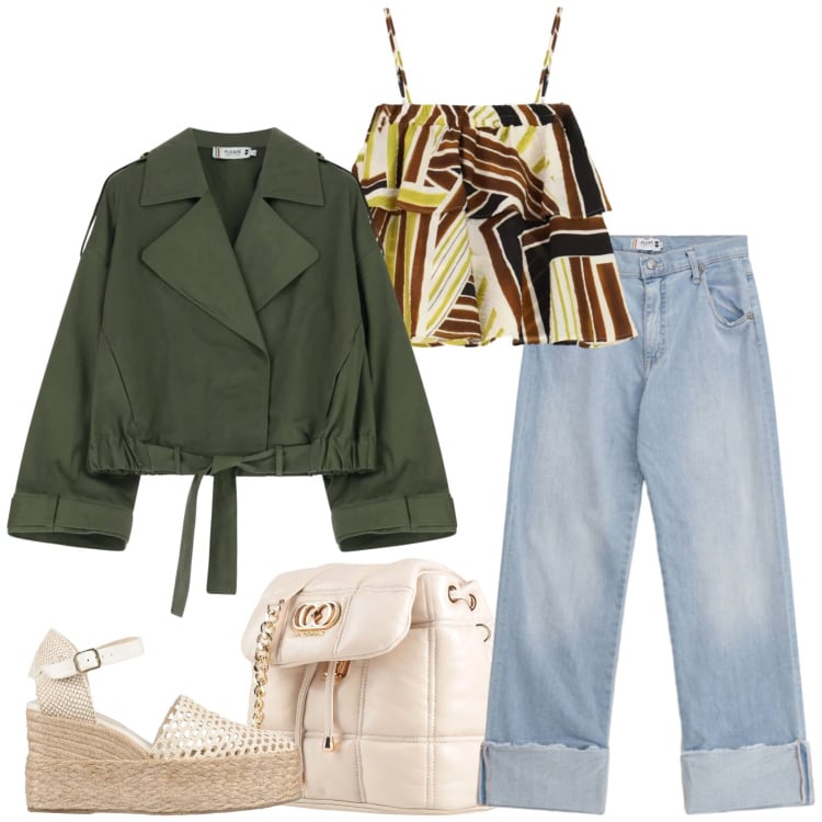 Outfit donna - Sporty Chic. Stile Sporty chic per Tutti i giorni. Abbinamento con espadrillas, valigie, jeans dritti, parka, top.
