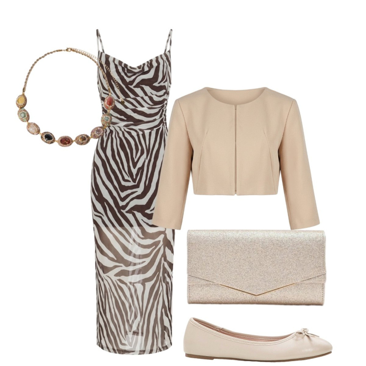 Outfit donna - Femminilità in risalto. Stile Glamour per Cerimonia. Abbinamento con ballerine, vestiti lunghi, bolero, clutch, collane.
