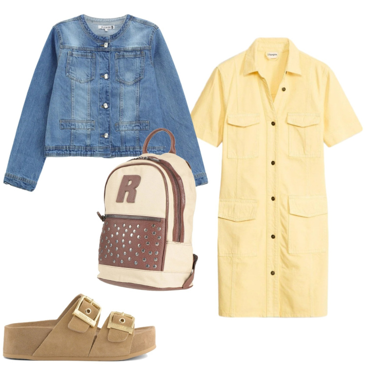 Outfit donna - Un outfit casual in primavera. Stile Casual per Tutti i giorni. Abbinamento con zaini, vestiti corti, blazer, sandali in pelle.