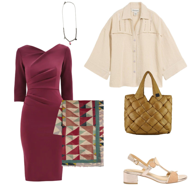 Outfit donna - Passeggiata in centro. Stile Casual chic per Tutti i giorni. Abbinamento con sandali col tacco, camicie, sciarpe, vestiti asimmetrici, borse tote, ciondoli.