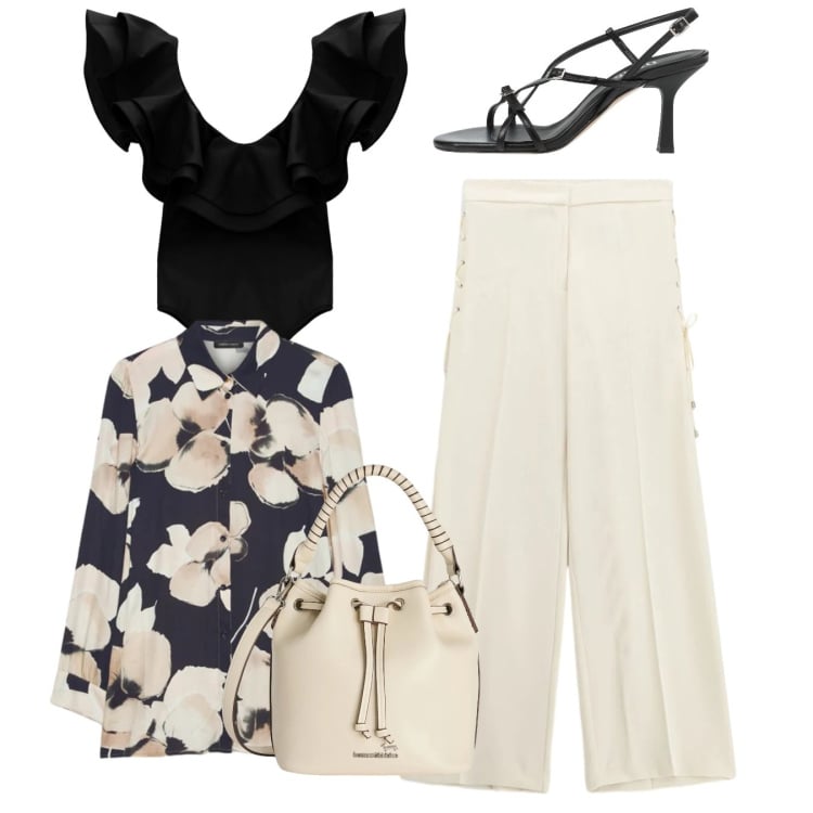 Outfit donna - Evento. Stile Chic per Serata fuori. Abbinamento con sandali in pelle, pantaloni, top, borse a secchiello, camicie.