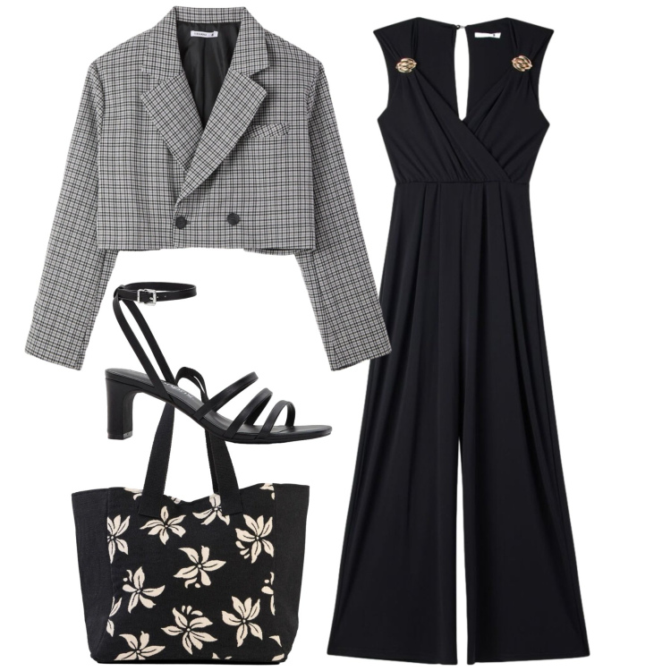 Outfit donna - Un pomeriggio elegante. Stile Chic per Tutti i giorni. Abbinamento con sandali col tacco, shopping bag, tute, blazer.