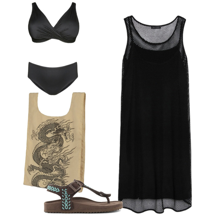 Outfit donna - Nero al mare. Stile Chic per Mare. Abbinamento con vestiti corti, bikini, shopping bag, infradito.