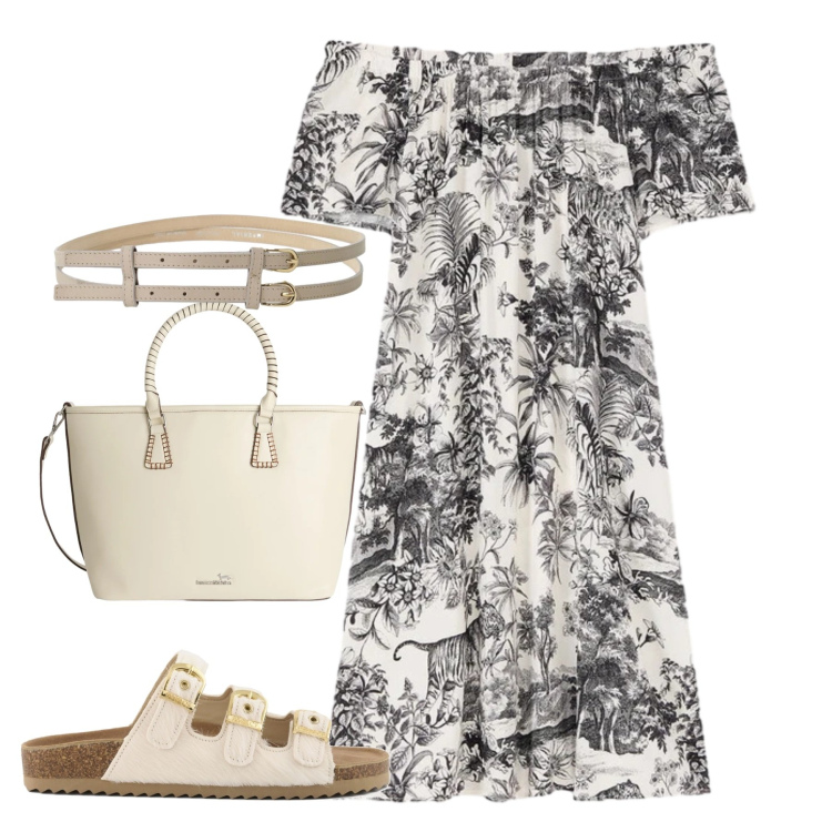 Outfit donna - Nude shoulders. Stile Romantica per Tutti i giorni. Abbinamento con shopping bag, cinture, vestiti corti, sandali in pelle.