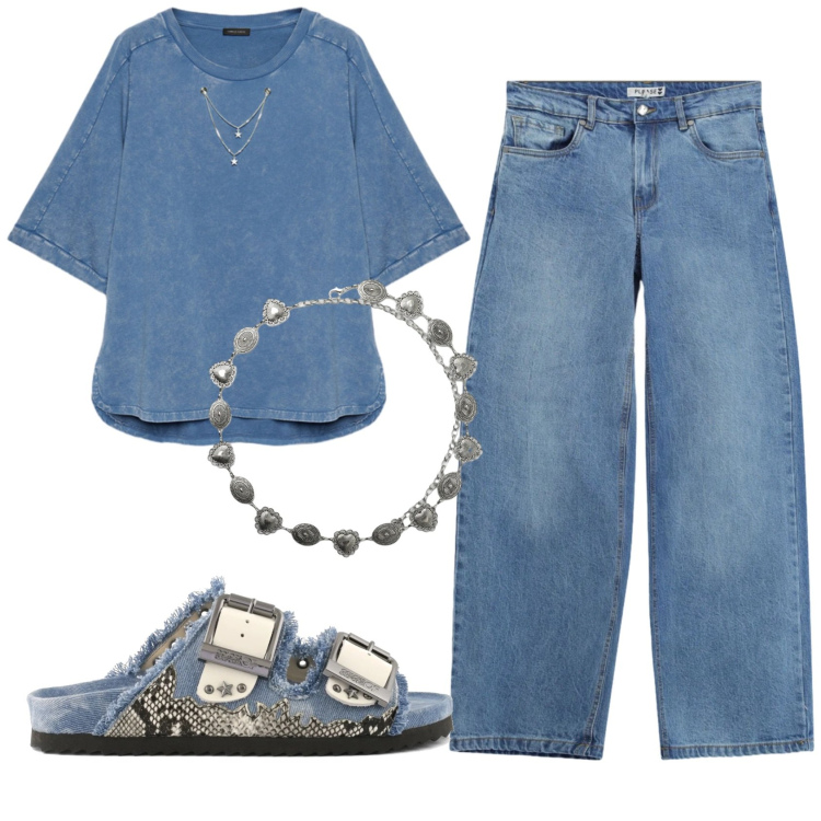 Outfit donna - Total look #2403607. Stile Casual chic per Ufficio. Abbinamento con cinture, jeans, felpe, sandali.