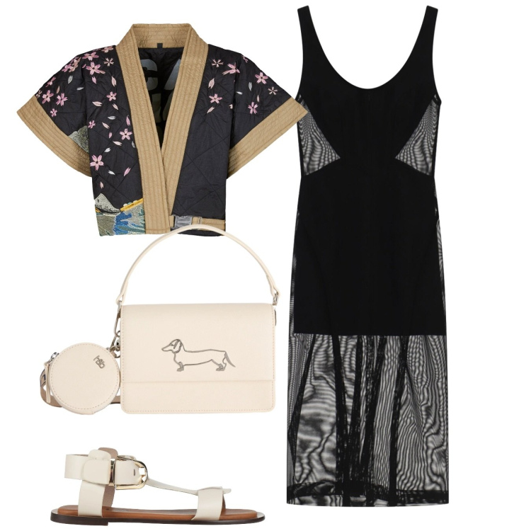 Outfit donna - Kimono e trasparenze. Stile Chic per Serata fuori. Abbinamento con sandali alla schiava, borse a tracolla, vestiti midi/longuette, kimono.