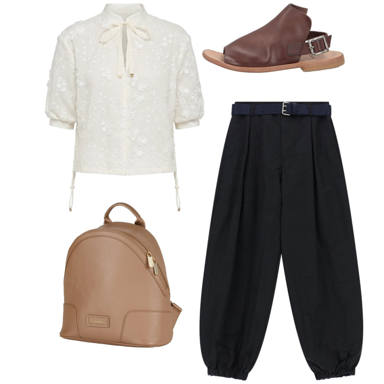 Outfit donna - Nero e cuoio. Stile Etnico per Serata fuori. Abbinamento con zaini, sandali in pelle, bluse, pantaloni.