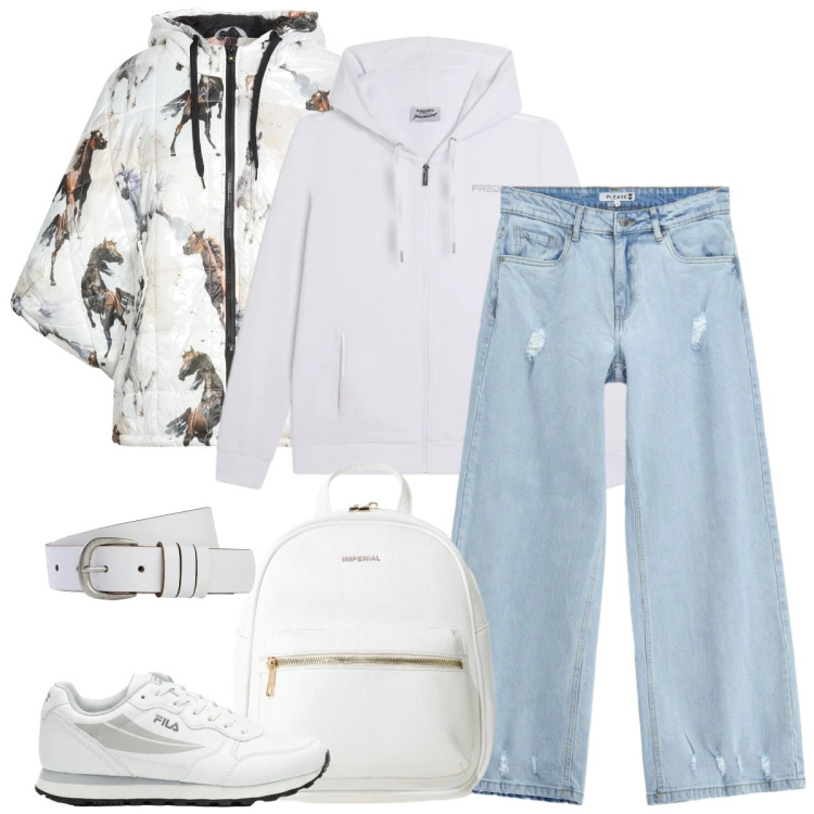 Outfit donna - Look da giornata all\'aperto - Curvy. Stile Sporty chic per Tutti i giorni. Abbinamento con cappe, sneakers, zaini, jeans, felpe con cappuccio.