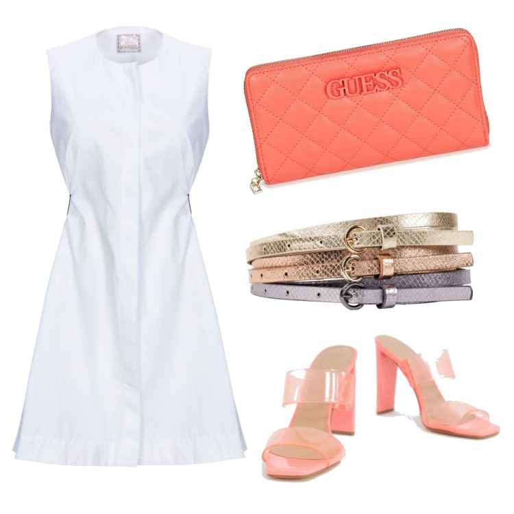 Outfit donna - Bon Ton #2289. Stile Bon Ton per Tutti i giorni. Abbinamento con cinture, vestito corto collo tondo senza maniche con laccetti interno sfoderato tinta unita, portafoglio arancione, sabot petite in denim rosa.