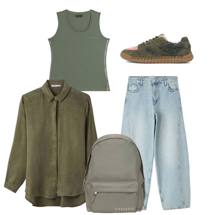 Outfit donna - Total look. Stile Casual per Tutti i giorni. Abbinamento con zaini, jeans, camicie, canottiere, sneakers.