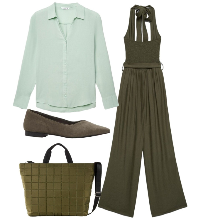 Outfit donna - Total look. Stile Chic per Tutti i giorni. Abbinamento con shopping bag, ballerine, camicie, tute.