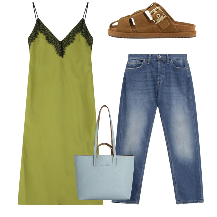 Outfit donna - Ultime tendenze. Stile Trendy per Tutti i giorni. Abbinamento con shopping bag, jeans dritti, vestiti midi/longuette, sandali in pelle.