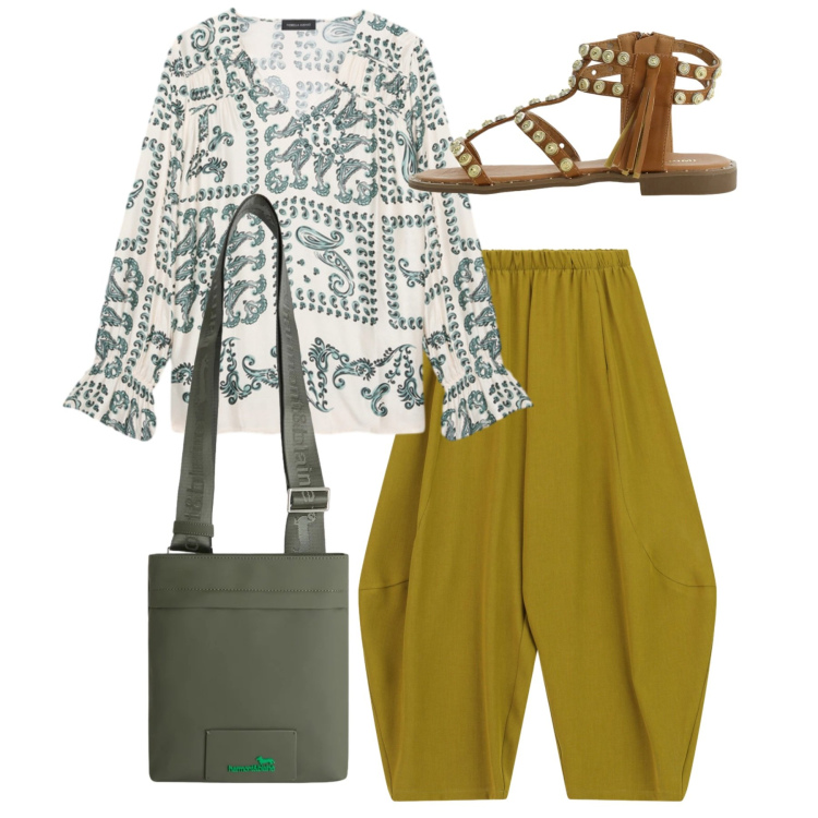 Outfit donna - Boho in città. Stile Boho per Tutti i giorni. Abbinamento con pantaloni, sandali, borse a tracolla, bluse.
