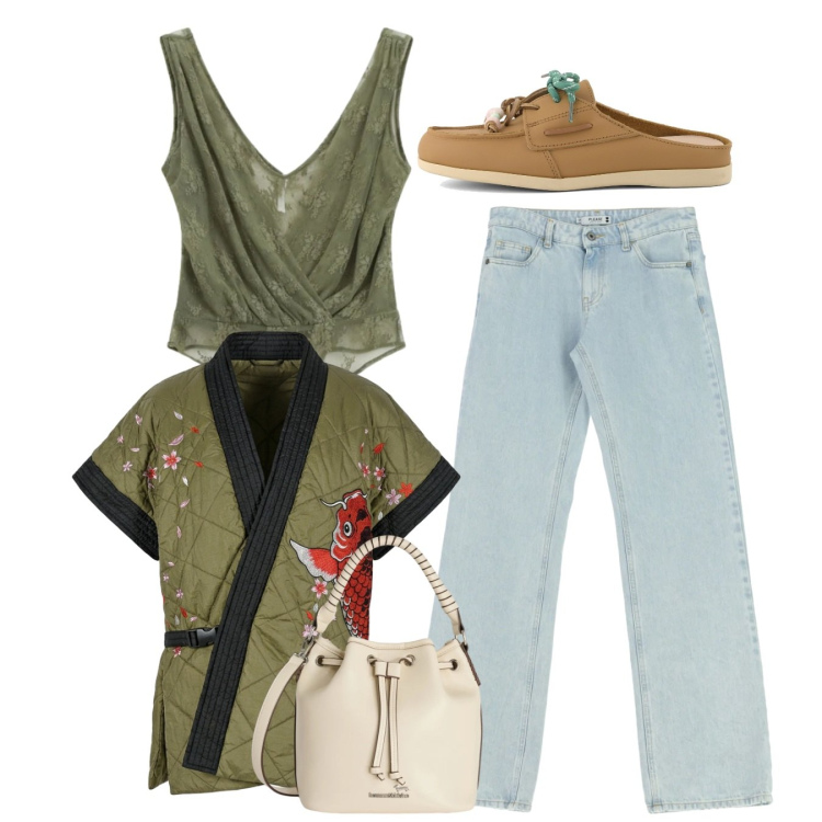 Outfit donna - Total look. Stile Casual chic per Tutti i giorni. Abbinamento con borse a secchiello, top, jeans dritti, kimono, sabot.