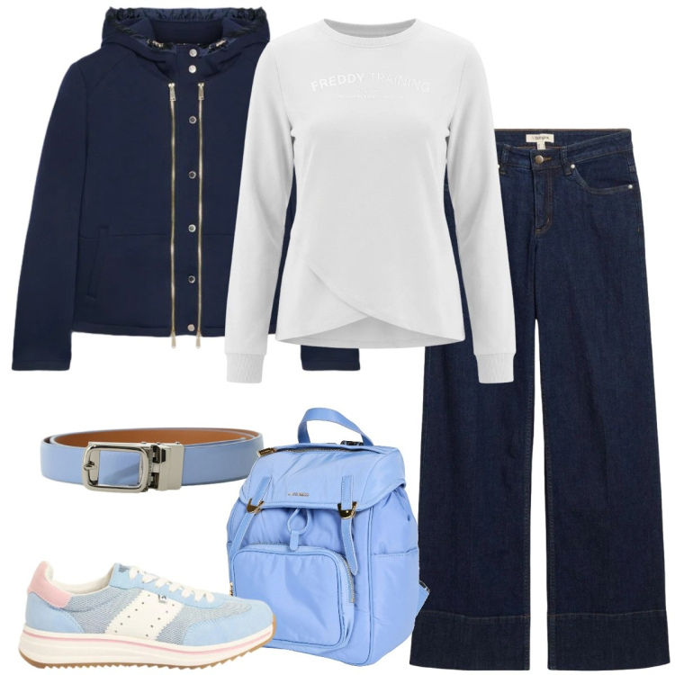 Outfit donna - Look da giornata all\'aperto - curvy. Stile Sporty chic per Tutti i giorni. Abbinamento con zaini, jeans, sneakers, cinture, felpe, blazer.