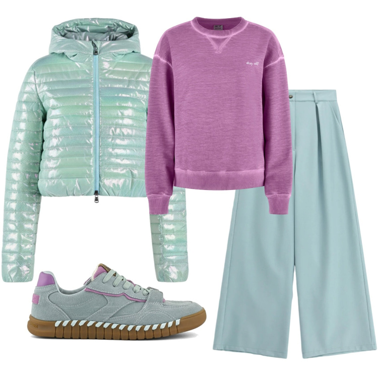 Outfit donna - Total look #2403638. Stile Basic per Ufficio. Abbinamento con pantaloni a palazzo, piumini, felpe, sneakers.