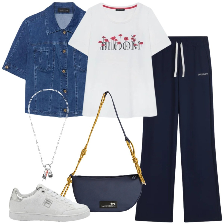 Outfit donna - Look da giornata all\'aperto - curvy. Stile Sporty chic per Tutti i giorni. Abbinamento con sneakers, borse a tracolla, cappotti, t-shirt, pantaloni, ciondoli.