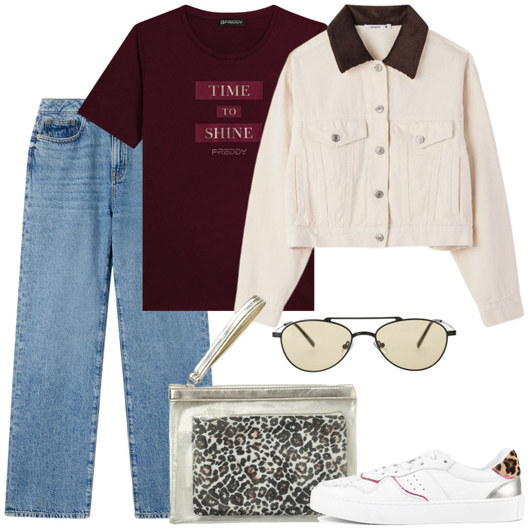 Outfit donna - Tempo di brillare. Stile Casual per Scuola/Università. Abbinamento con jeans dritti, pochette, cappotti, occhiali da sole, t-shirt, sneakers.