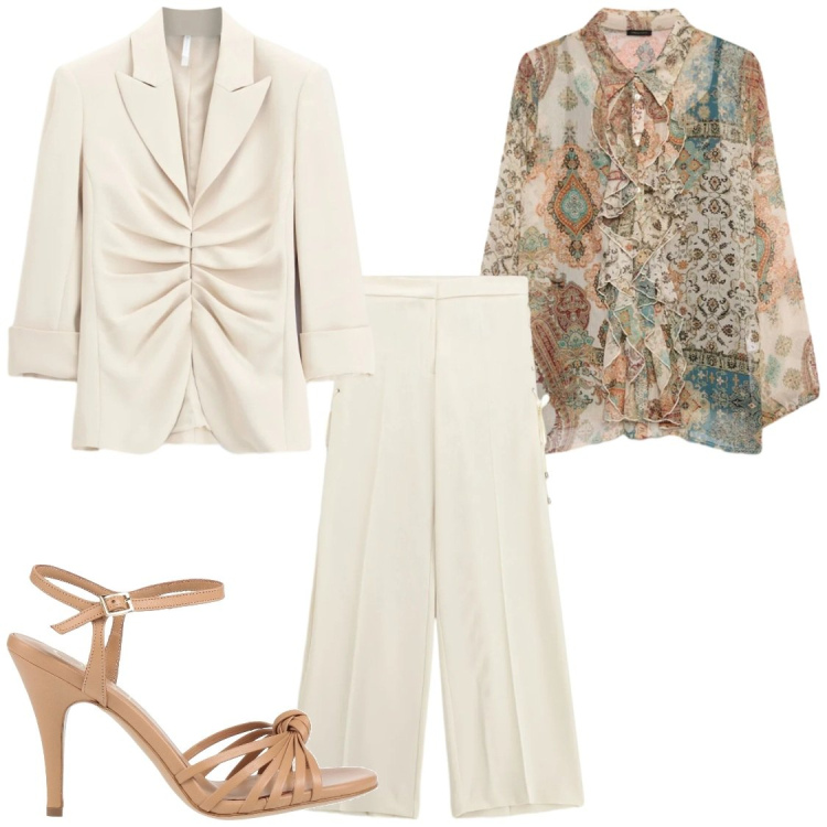 Outfit donna - Eventi. Stile Glamour per Cerimonia. Abbinamento con sandali in pelle, pantaloni, blazer, camicie.