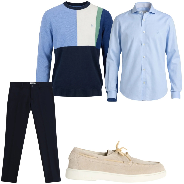 Outfit uomo - Maglia a blocchi. Stile Casual per Tutti i giorni. Abbinamento con pantaloni, scarpe stringate, maglieria, camicie.