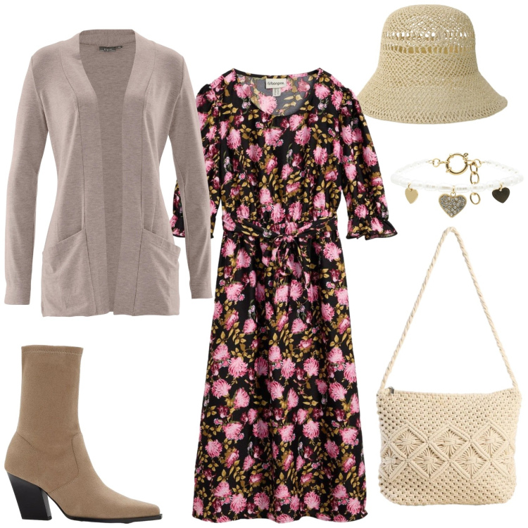 Outfit donna - Un look country. Stile Romantica per Tutti i giorni. Abbinamento con cardigans, stivaletti, borse a tracolla, vestiti midi/longuette, cappelli, braccialetti.