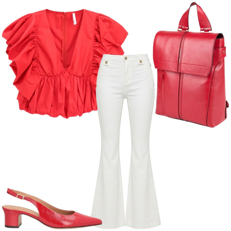 Outfit donna - Glamour di giorno. Stile Glamour per Ufficio. Abbinamento con décolleté, zaini, pantaloni chino, top.
