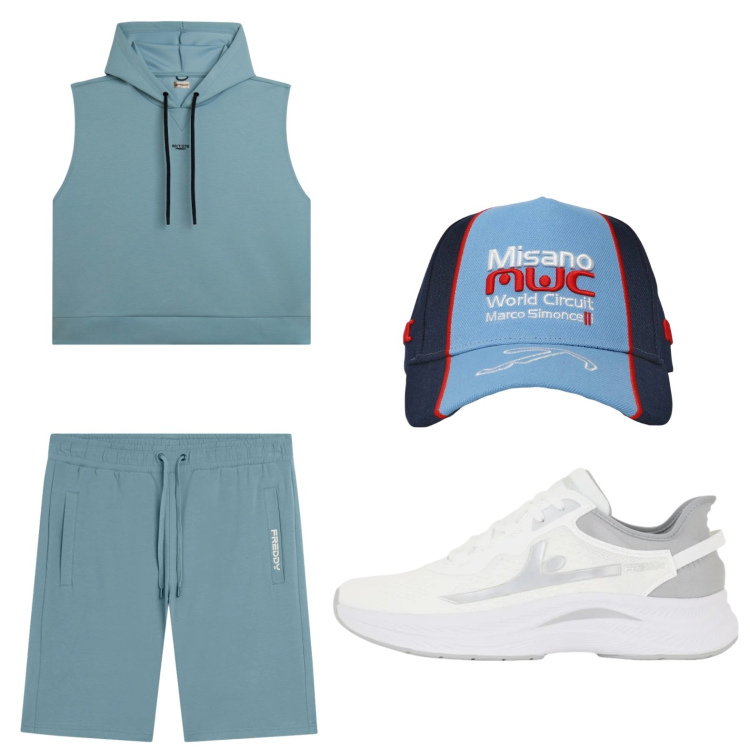 Outfit uomo - Corsa al parco. Stile Trendy per Tutti i giorni. Abbinamento con cappelli, pantaloni corti, sneakers, felpe con cappuccio.