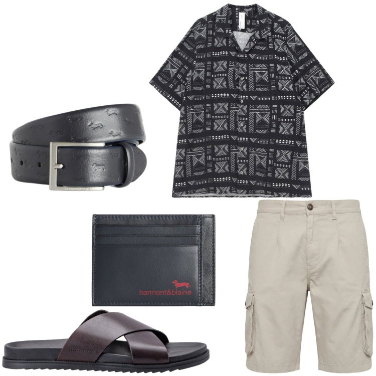 Outfit uomo - Relax in giardino. Stile Trendy per Tutti i giorni. Abbinamento con portafogli, cinture, bermuda, camicie a manica corta, sandali.