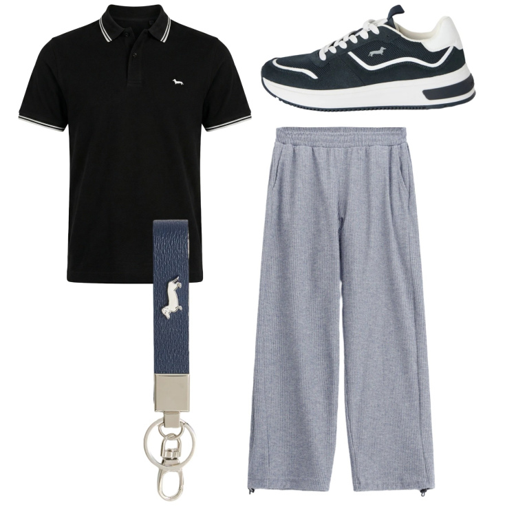 Outfit uomo - Total look. Stile Urban per Tutti i giorni. Abbinamento con pantaloni, sneakers, portachiavi, polo.
