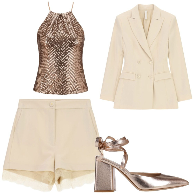 Outfit donna - Glamour. Stile Glamour per Serata fuori. Abbinamento con décolleté, shorts, blazer, canottiere.