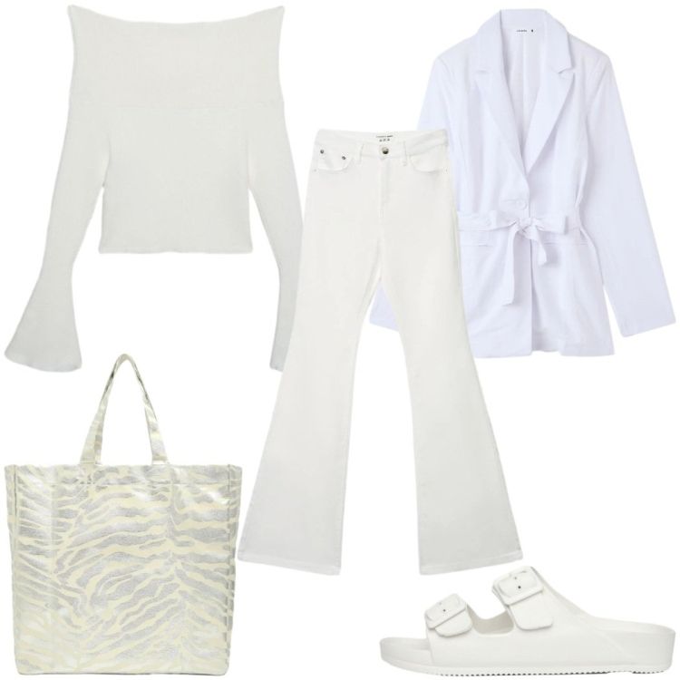 Outfit donna - Terranova White Boho Mood : i pantaloni. Stile Boho per Tutti i giorni. Abbinamento con jeans a zampa, shopping bag, maglieria, ciabatte, blazer.