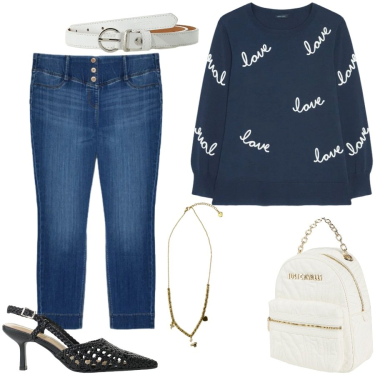 Outfit donna - Total look #2403673. Stile Casual chic per Tutti i giorni. Abbinamento con zaini, décolleté, cinture, ciondoli, jeggings, maglieria.