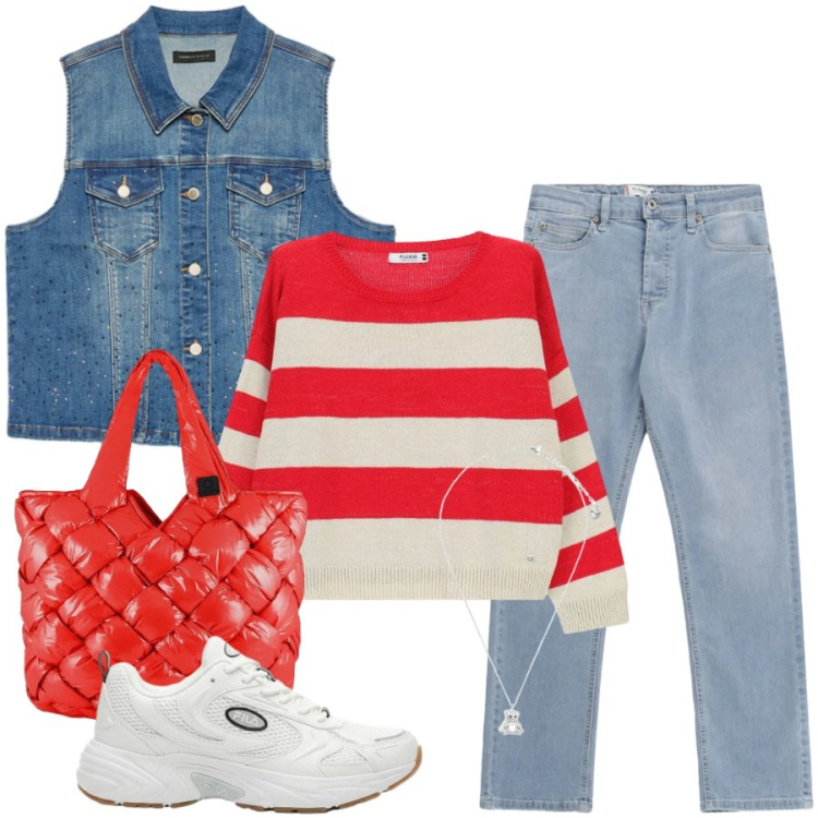 Outfit donna - Total look #2403674. Stile Casual chic per Tutti i giorni. Abbinamento con sneakers, jeans, maglieria, gilet, borse tote, ciondoli.