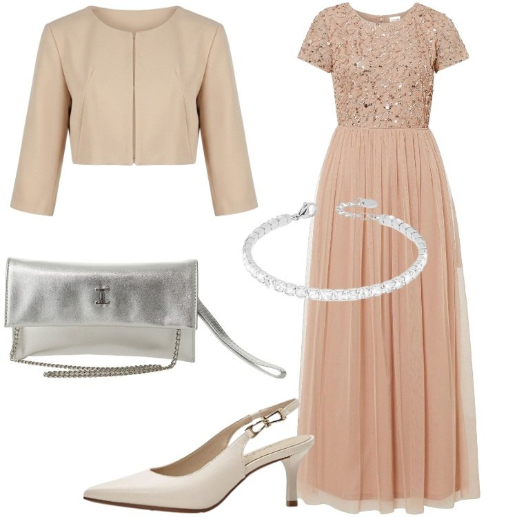 Outfit donna - Abito lungo per la cerimonia. Stile Chic per Cerimonia. Abbinamento con décolleté, vestiti lunghi, bolero, borse a tracolla, braccialetti.