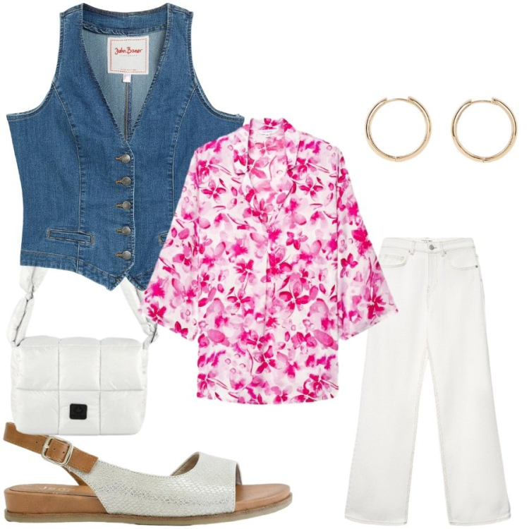 Outfit donna - Total look #2403676. Stile Casual chic per Tutti i giorni. Abbinamento con sandali, gilet, orecchini, jeans, bluse, borse a spalla.