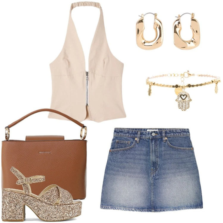 Outfit donna - Total look #2403678. Stile Casual chic per Tutti i giorni. Abbinamento con orecchini, minigonne, top, borse a secchiello, braccialetti, sandali.