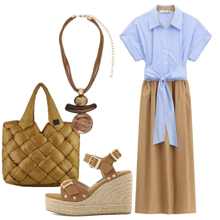 Outfit donna - Abito midi bicolor a blocchi. Stile Basic per Tutti i giorni. Abbinamento con vestiti midi/longuette, ciondoli, borse tote, zeppe.