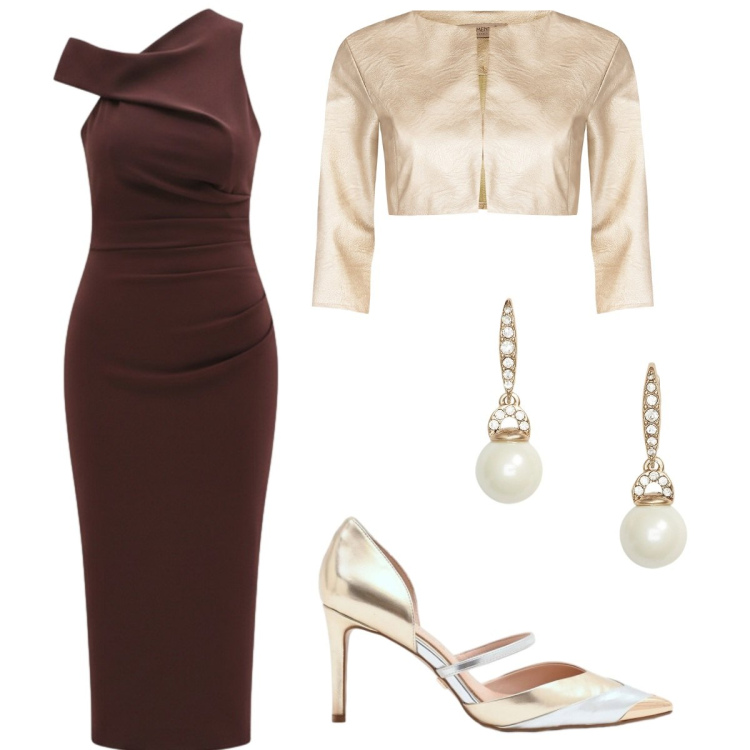 Outfit donna - Cerimonia in marrone e oro platino. Stile Chic per Cerimonia. Abbinamento con orecchini, vestiti asimmetrici, bolero, décolleté.